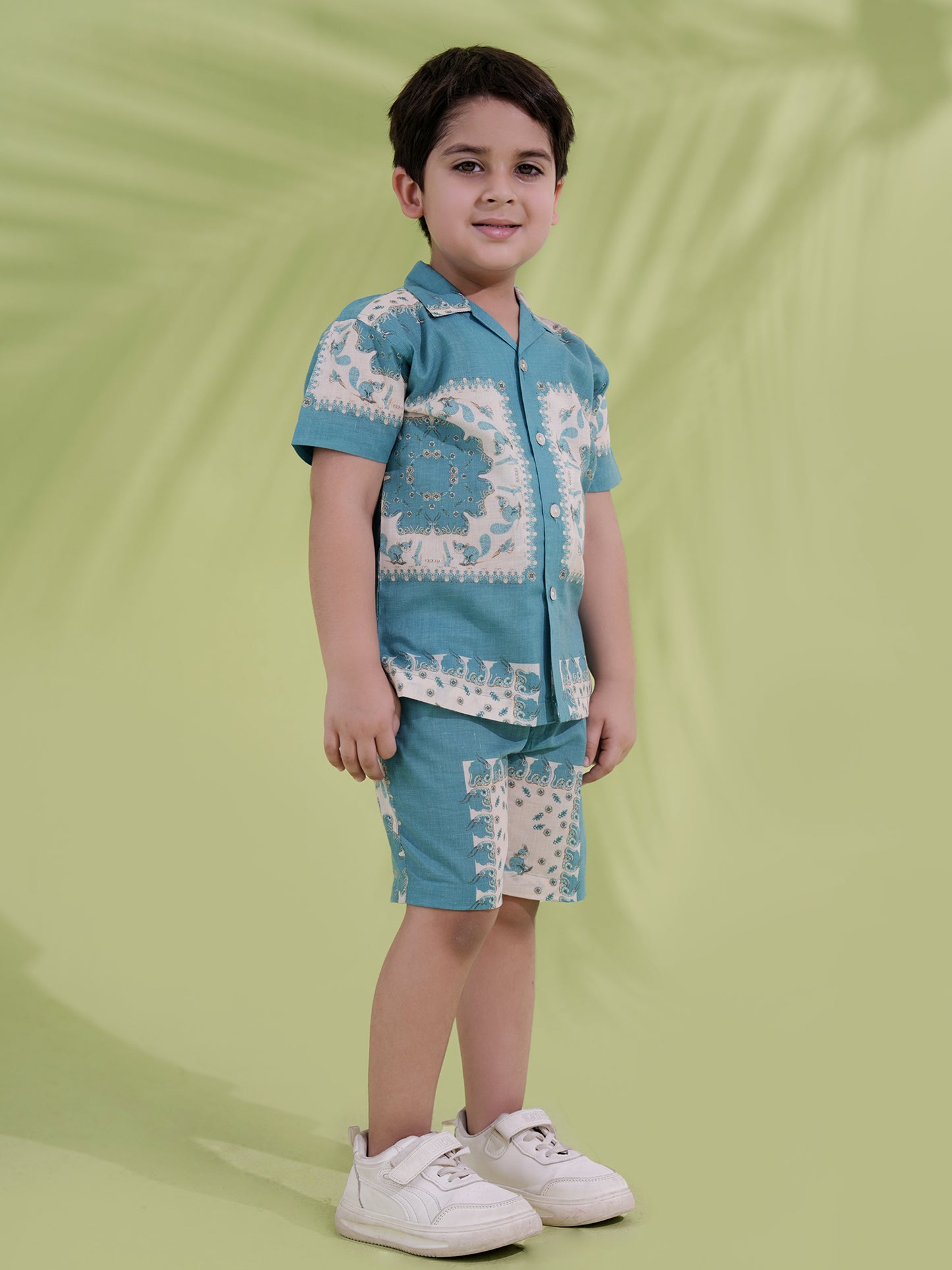 AJ Dezines Teal Cream Half Sleeves Abstract Printed Boys Co-Ords