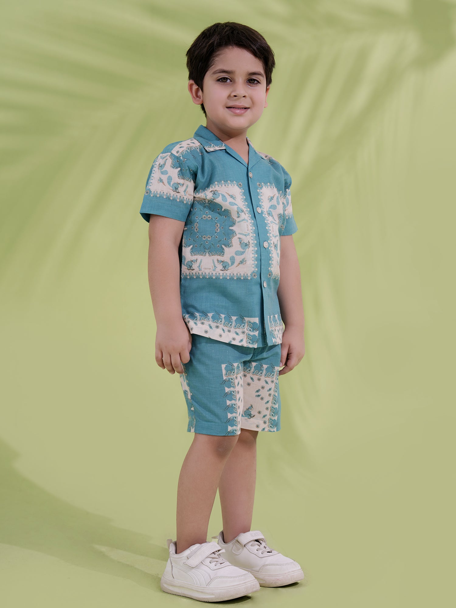 Teal Cream Half Sleeves Abstract Printed Boys Co-Ords - AJ Dezines