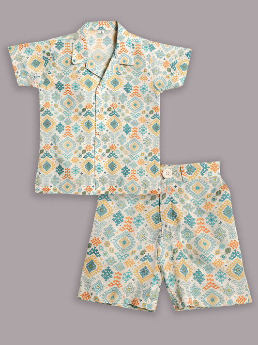 AJ Dezines Green Cotton Half Sleeves Abstract Printed Boys Co-Ords