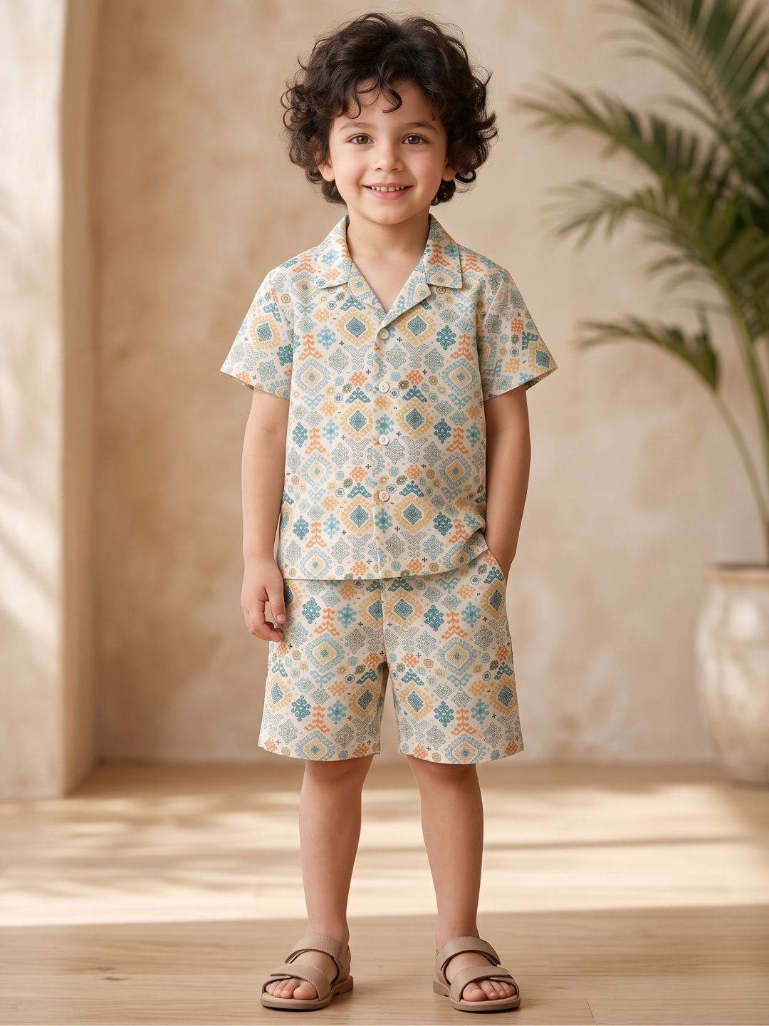 Green Cotton Half Sleeves Abstract Printed Boys Co-Ords - AJ Dezines