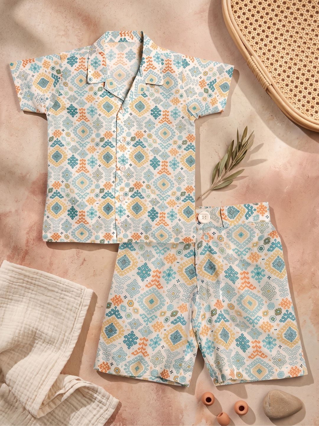 Green Cotton Half Sleeves Abstract Printed Boys Co-Ords - AJ Dezines