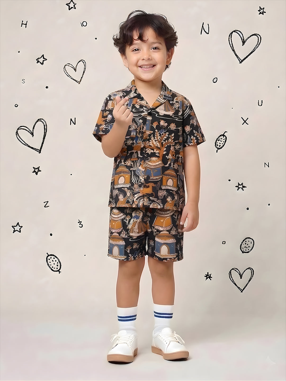 Black Tribal Print Pure Cotton Half Sleeves Fashion Outfit Co-Ords Set For Boys