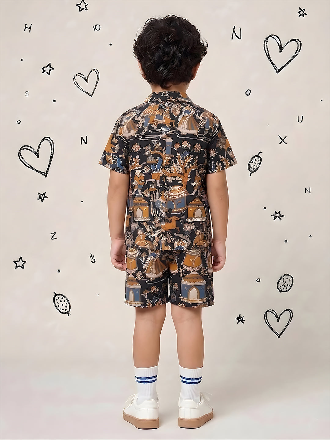 Black Tribal Print Pure Cotton Half Sleeves Fashion Outfit Co-Ords Set For Boys
