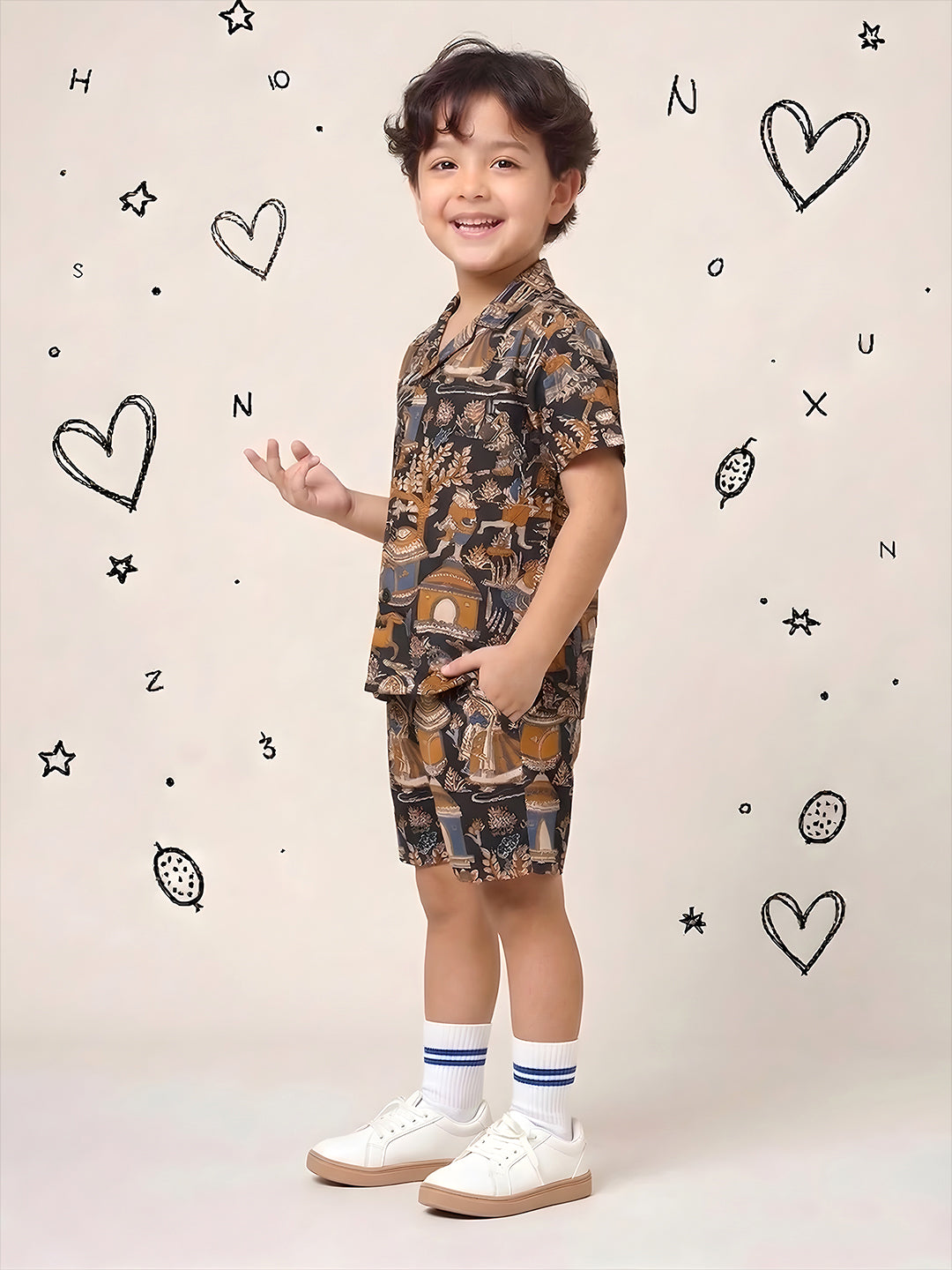Black Tribal Print Pure Cotton Half Sleeves Fashion Outfit Co-Ords Set For Boys