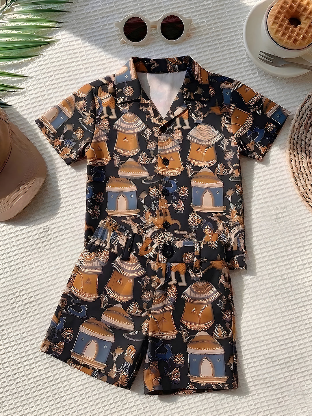 Black Tribal Print Pure Cotton Half Sleeves Fashion Outfit Co-Ords Set For Boys