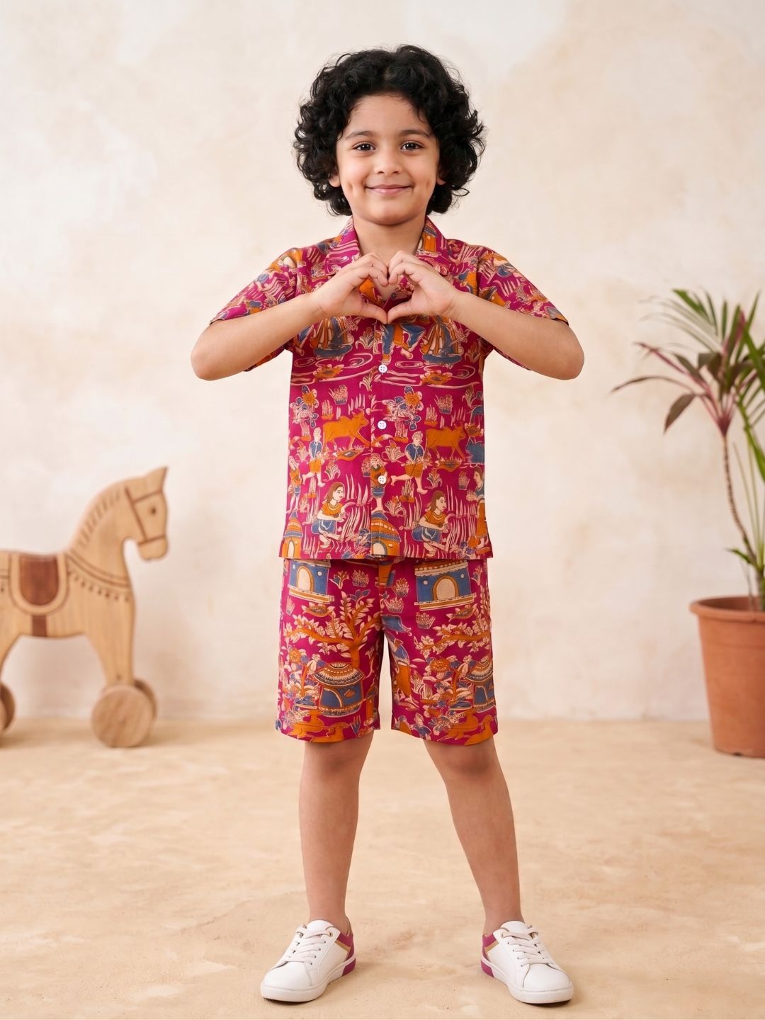 Pink Tribal Print Pure Cotton Half Sleeves Casual Co-Ords Set For Kids Boys