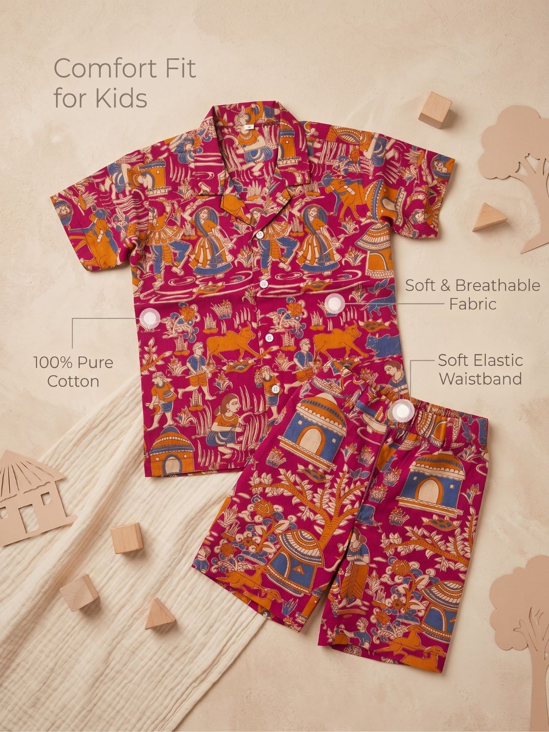 Pink Tribal Print Pure Cotton Half Sleeves Casual Co-Ords Set For Kids Boys