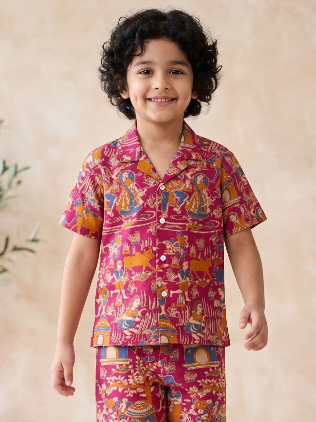 Pink Tribal Print Pure Cotton Half Sleeves Casual Co-Ords Set For Kids Boys