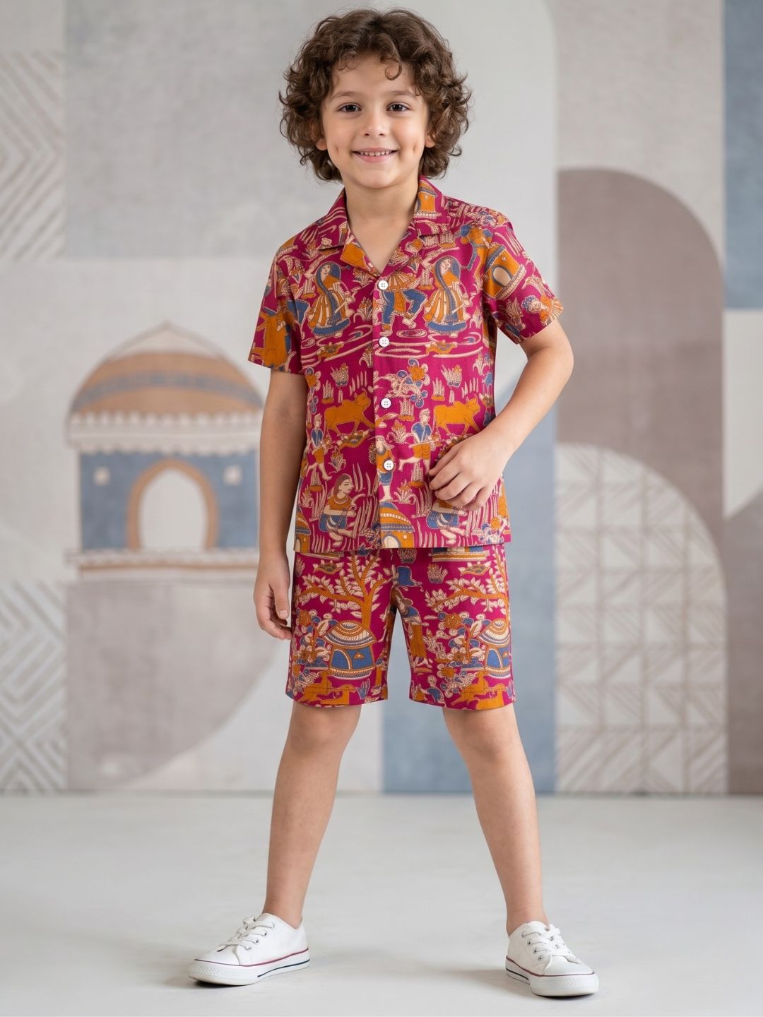 Pink Tribal Print Pure Cotton Half Sleeves Casual Co-Ords Set For Kids Boys