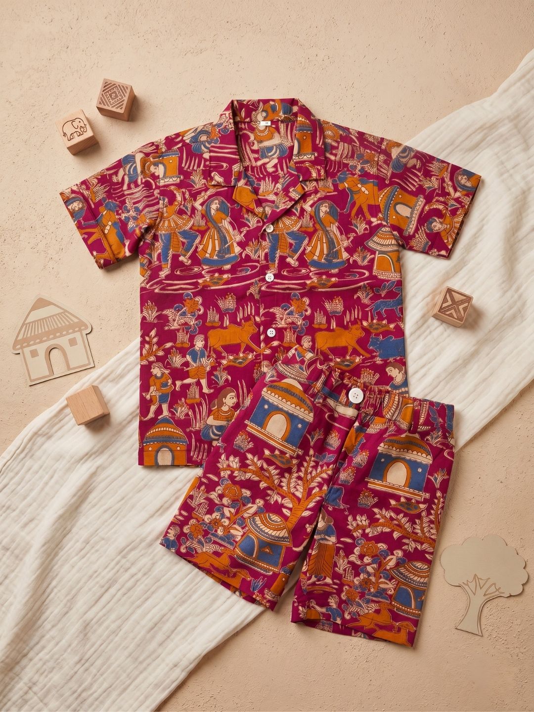 Pink Tribal Print Pure Cotton Half Sleeves Casual Co-Ords Set For Kids Boys