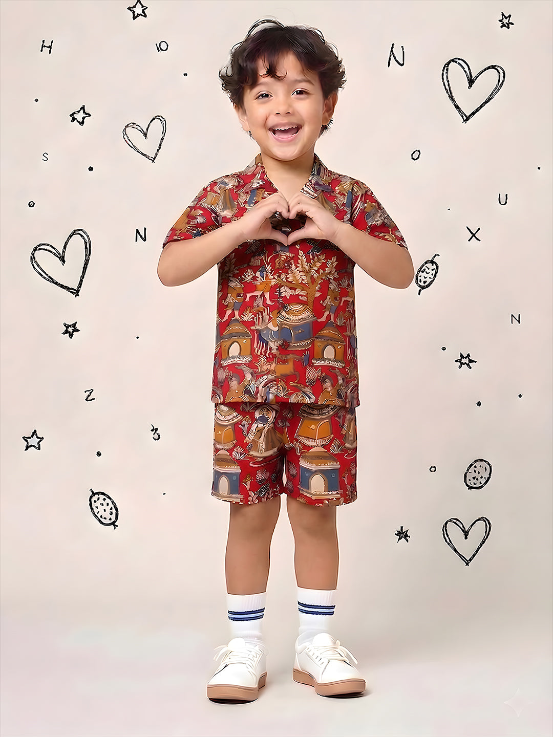 Red Tribal Print Pure Cotton Half Sleeves Fashion Outfit Co-Ords For Kids Boys
