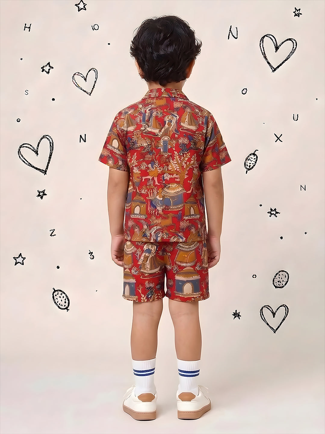 Red Tribal Print Pure Cotton Half Sleeves Fashion Outfit Co-Ords For Kids Boys