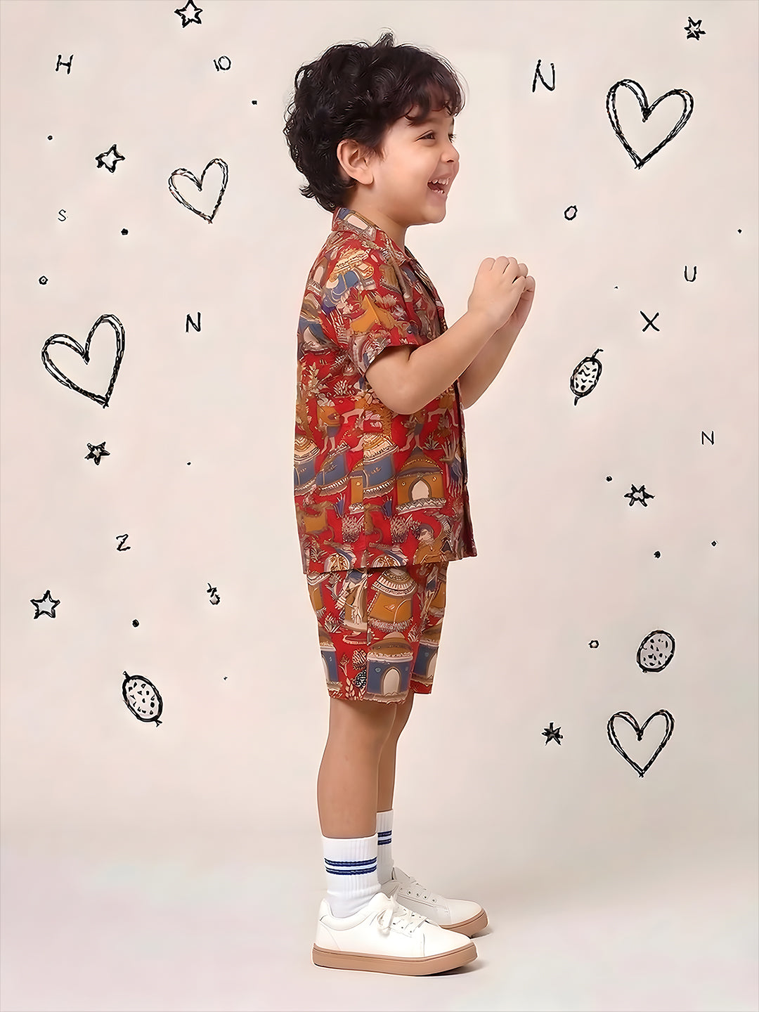 Red Tribal Print Pure Cotton Half Sleeves Fashion Outfit Co-Ords For Kids Boys