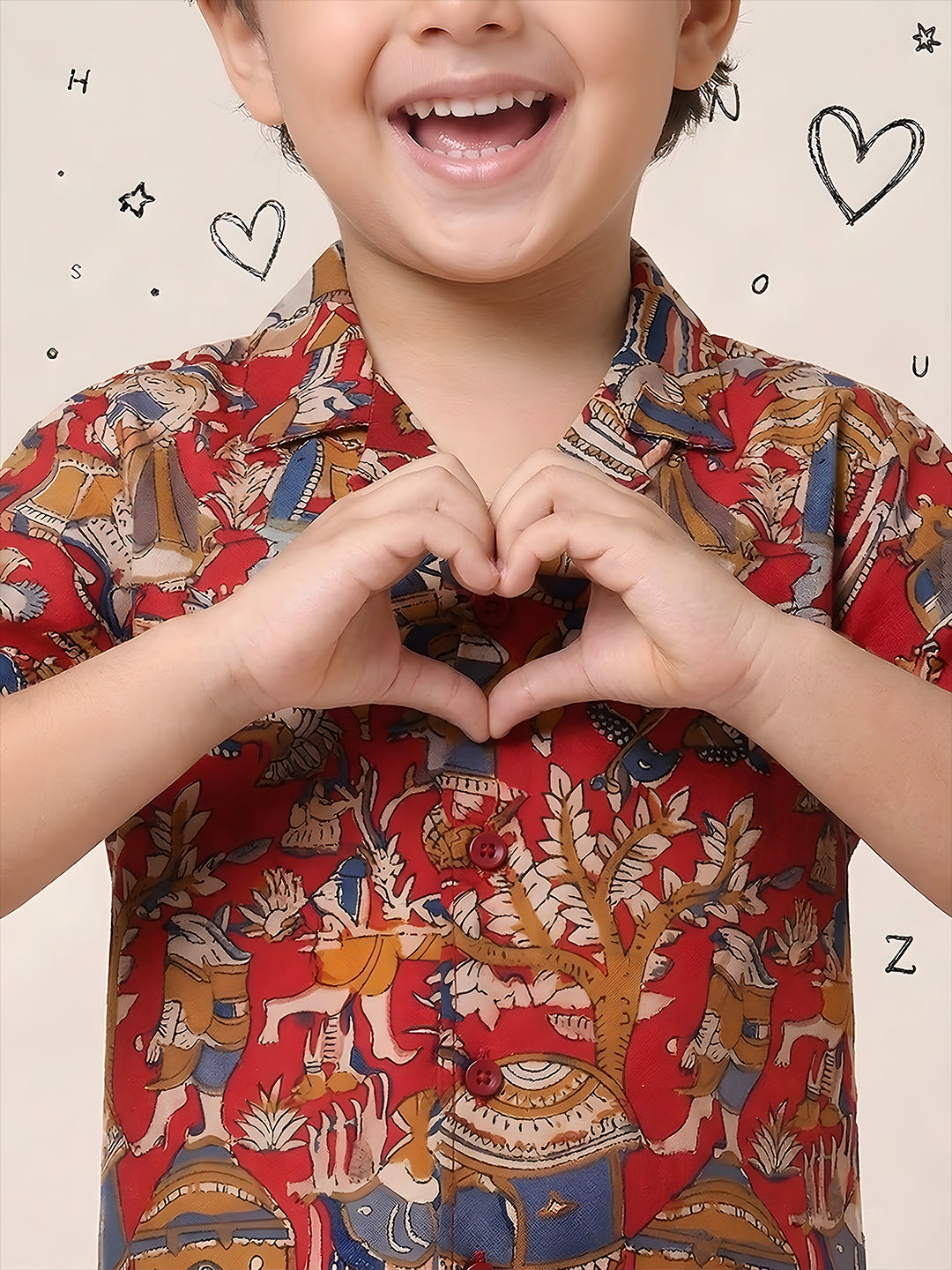Red Tribal Print Pure Cotton Half Sleeves Fashion Outfit Co-Ords For Kids Boys