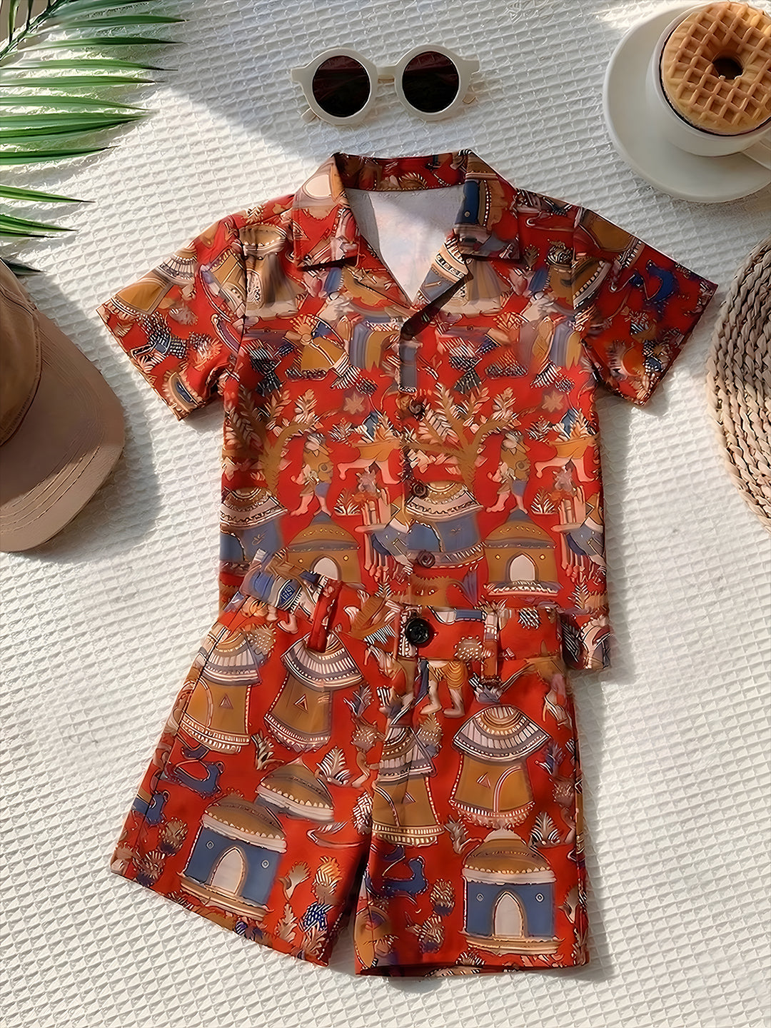Red Tribal Print Pure Cotton Half Sleeves Fashion Outfit Co-Ords For Kids Boys