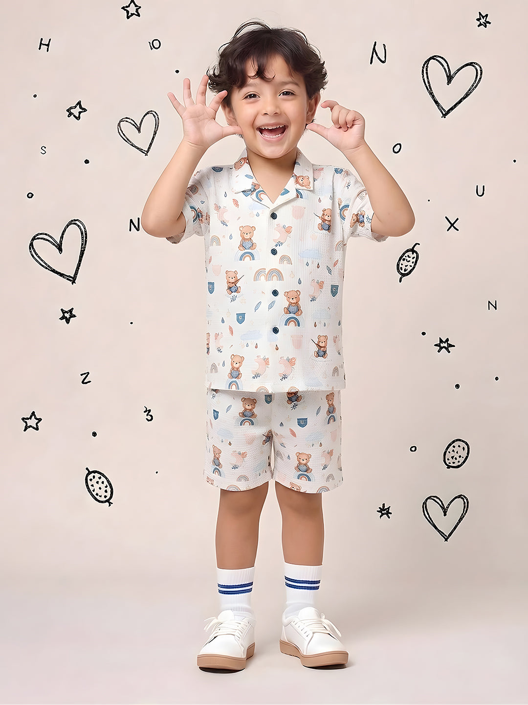 White Teddy Printed Pure Cotton Half Sleeves Casual Co-Ords Set For Kids Boys
