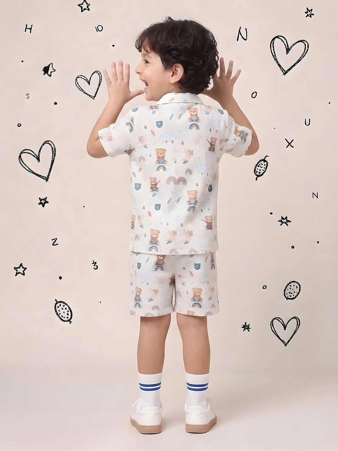 White Teddy Printed Pure Cotton Half Sleeves Casual Co-Ords Set For Kids Boys