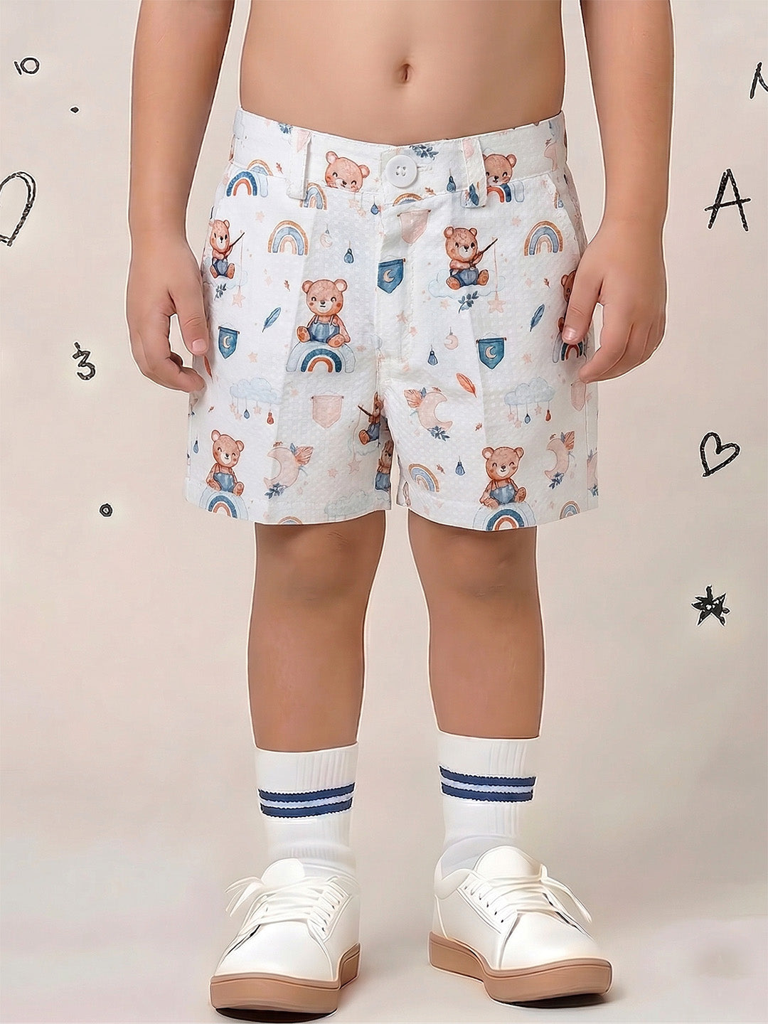 White Teddy Printed Pure Cotton Half Sleeves Casual Co-Ords Set For Kids Boys