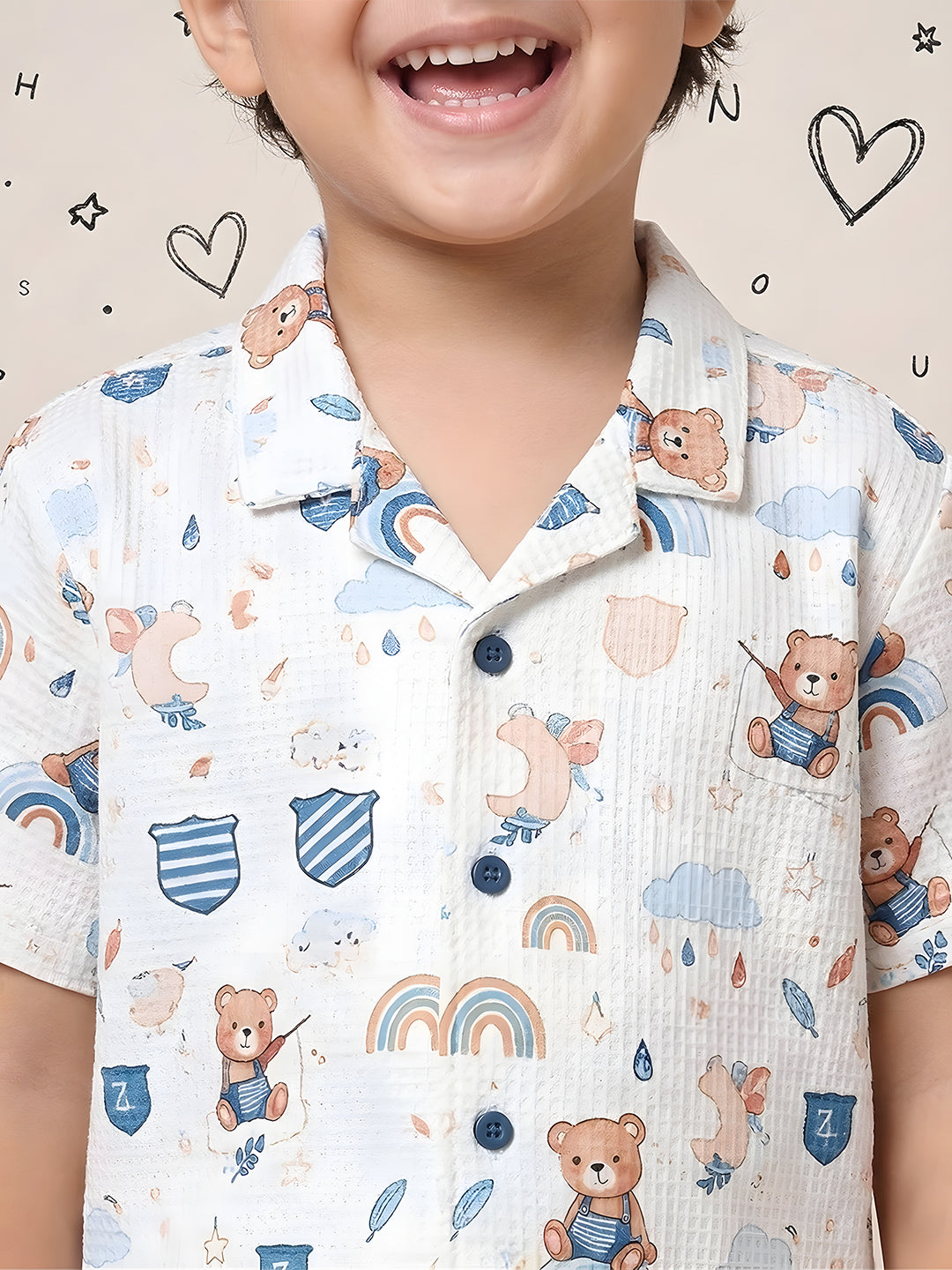 White Teddy Printed Pure Cotton Half Sleeves Casual Co-Ords Set For Kids Boys