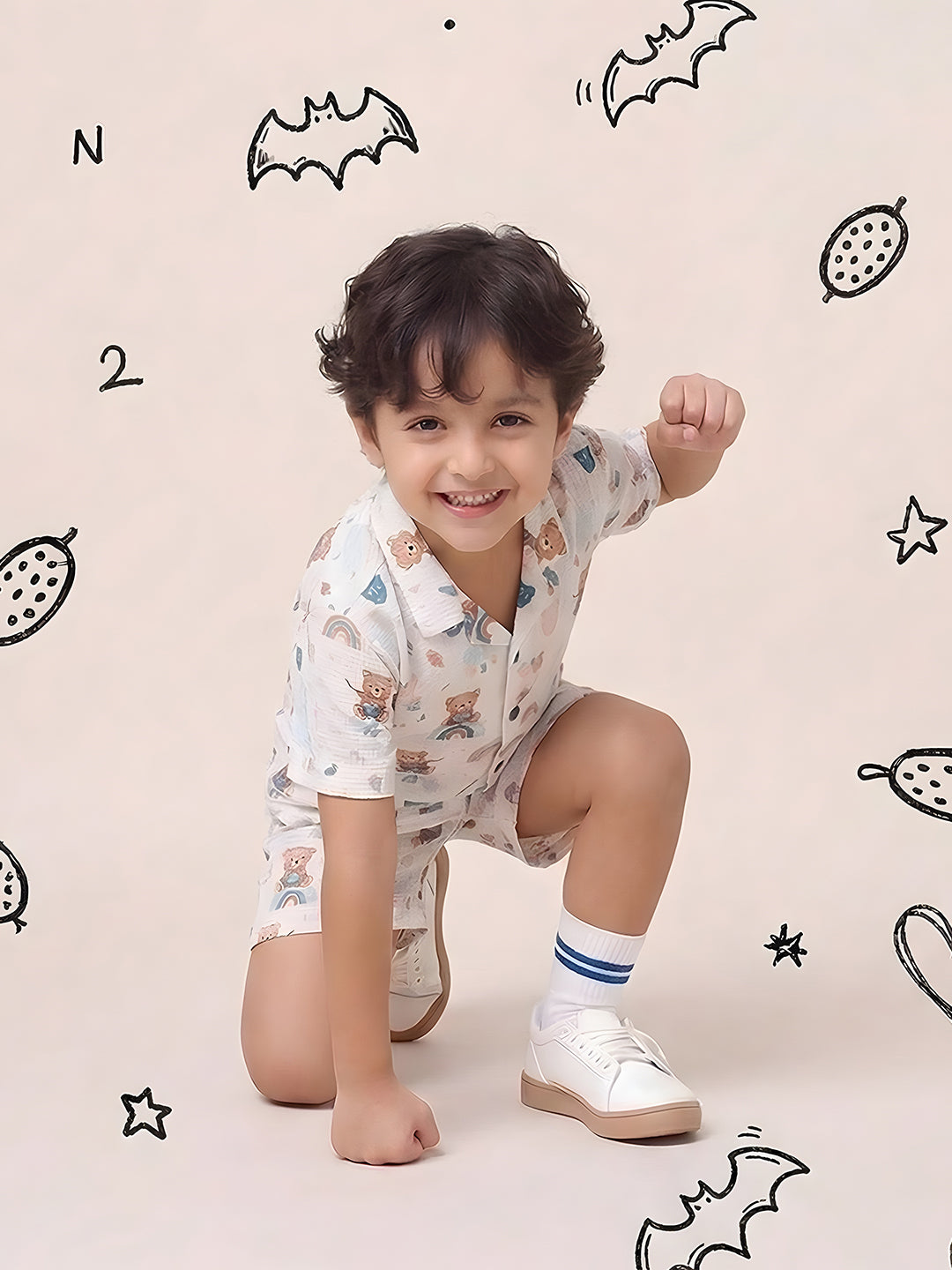 White Teddy Printed Pure Cotton Half Sleeves Casual Co-Ords Set For Kids Boys