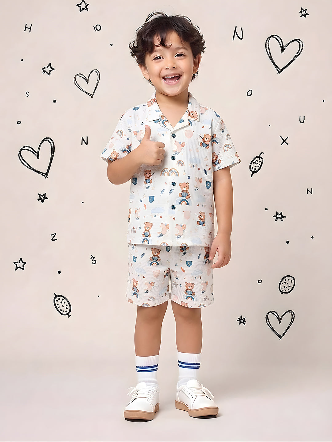 White Teddy Printed Pure Cotton Half Sleeves Casual Co-Ords Set For Kids Boys
