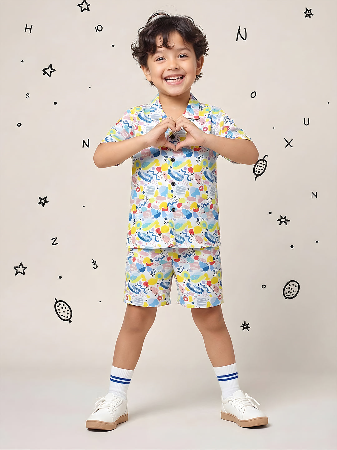 AJ Dezines White Crayon Pop Pure Cotton Half Sleeves Casual Co-Ords Set For Kids Boys