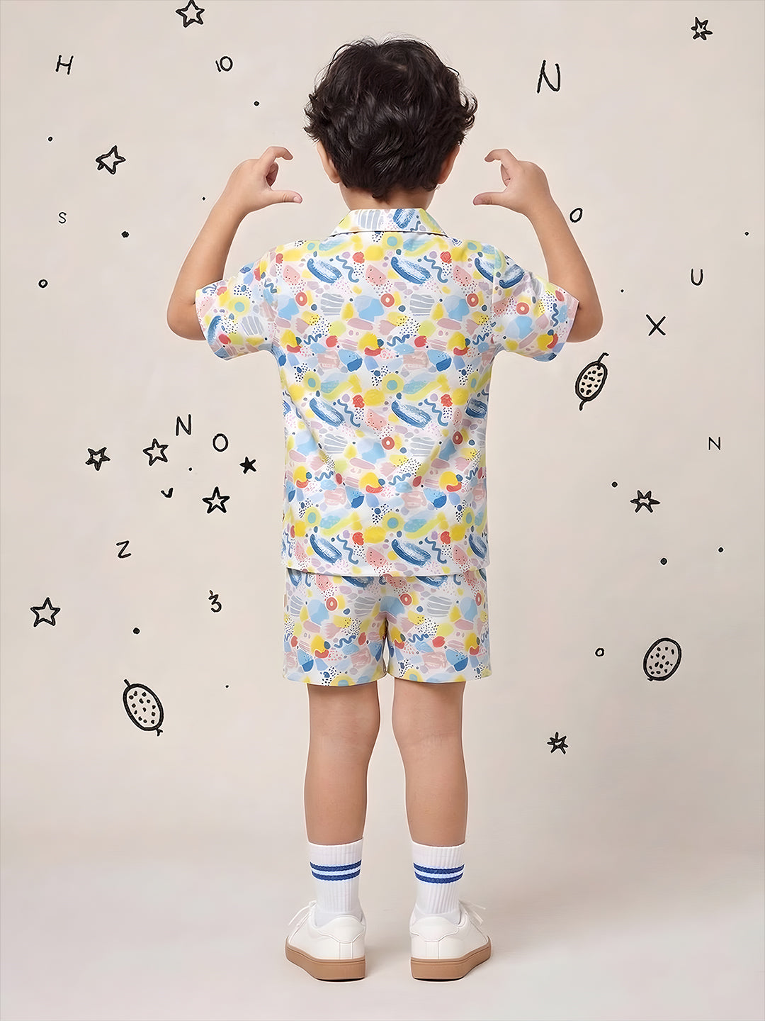 AJ Dezines White Crayon Pop Pure Cotton Half Sleeves Casual Co-Ords Set For Kids Boys