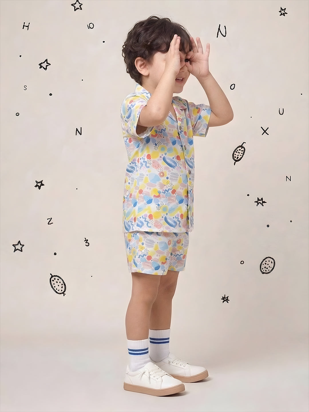 AJ Dezines White Crayon Pop Pure Cotton Half Sleeves Casual Co-Ords Set For Kids Boys