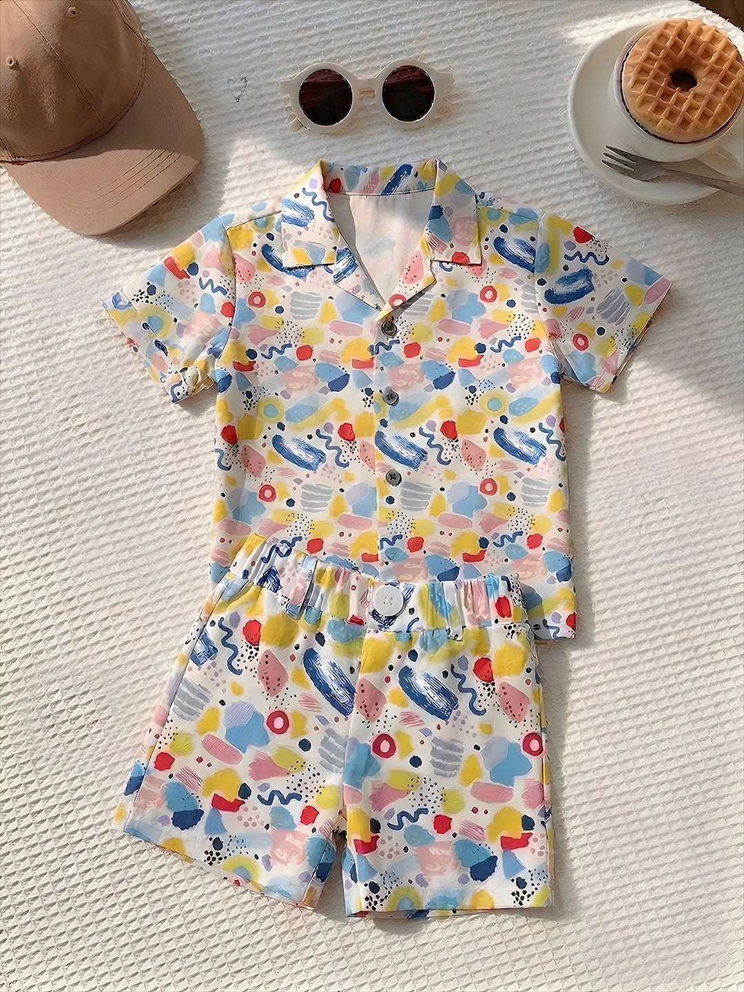 AJ Dezines White Crayon Pop Pure Cotton Half Sleeves Casual Co-Ords Set For Kids Boys