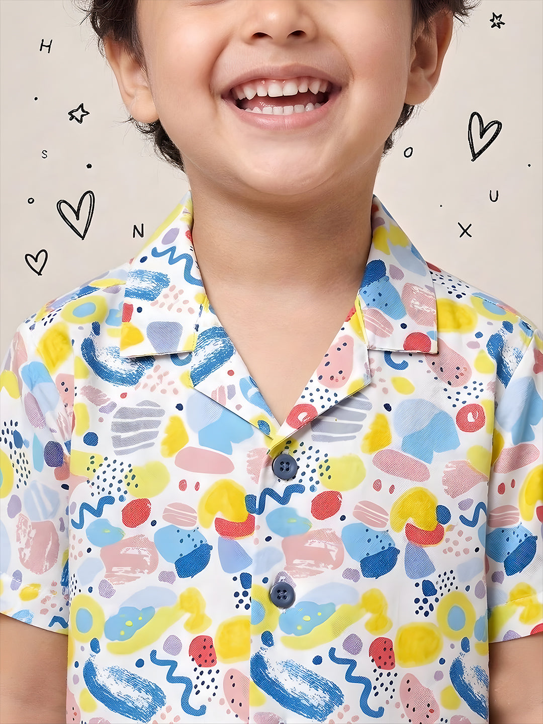 AJ Dezines White Crayon Pop Pure Cotton Half Sleeves Casual Co-Ords Set For Kids Boys