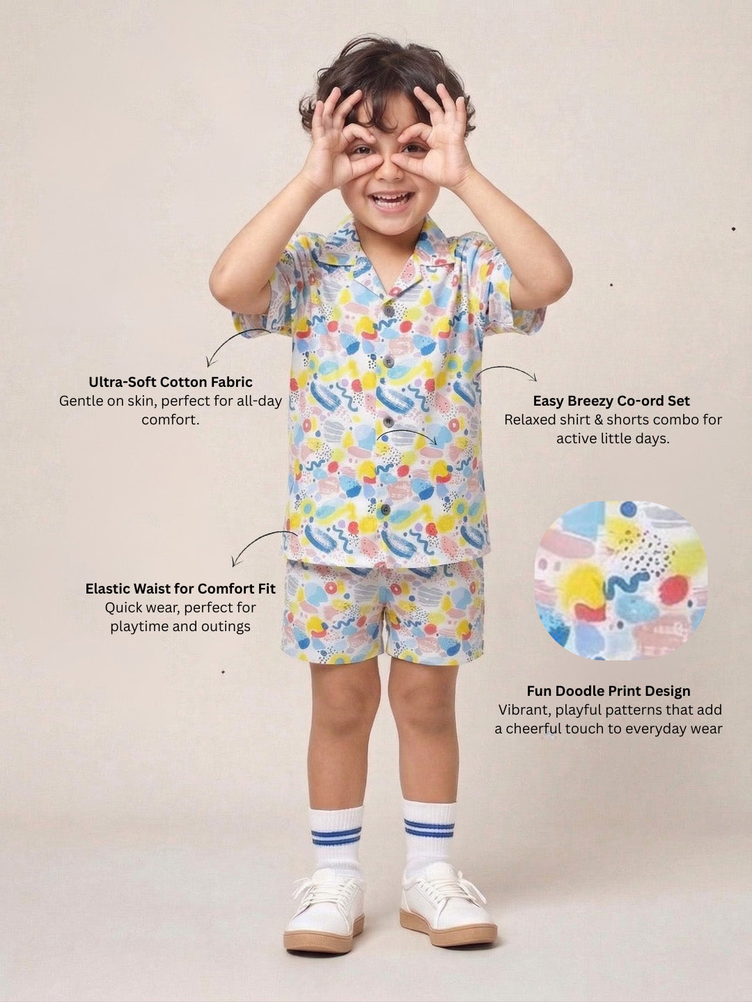 AJ Dezines White Crayon Pop Pure Cotton Half Sleeves Casual Co-Ords Set For Kids Boys