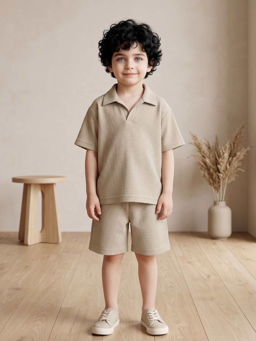 Beige Solid Cotton Oversized Co-Ords For Boys