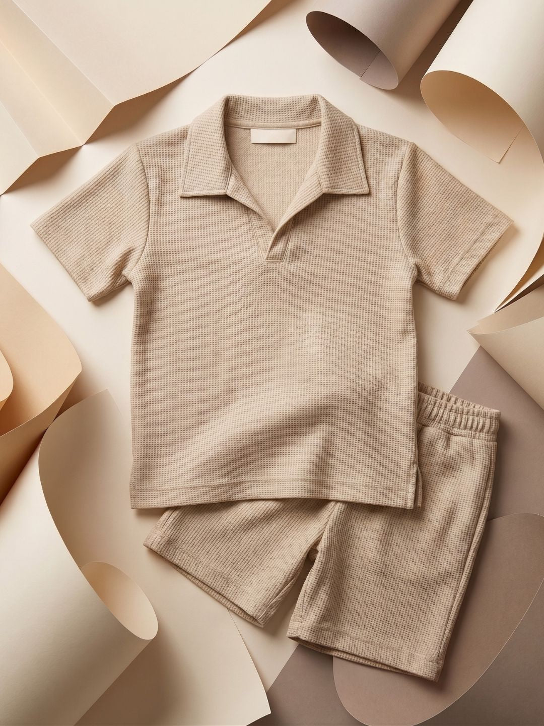 Beige Solid Cotton Oversized Co-Ords For Boys