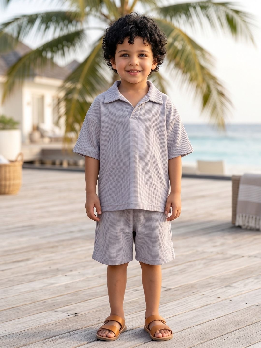 Grey Solid Cotton Oversized Co-Ords For Boys