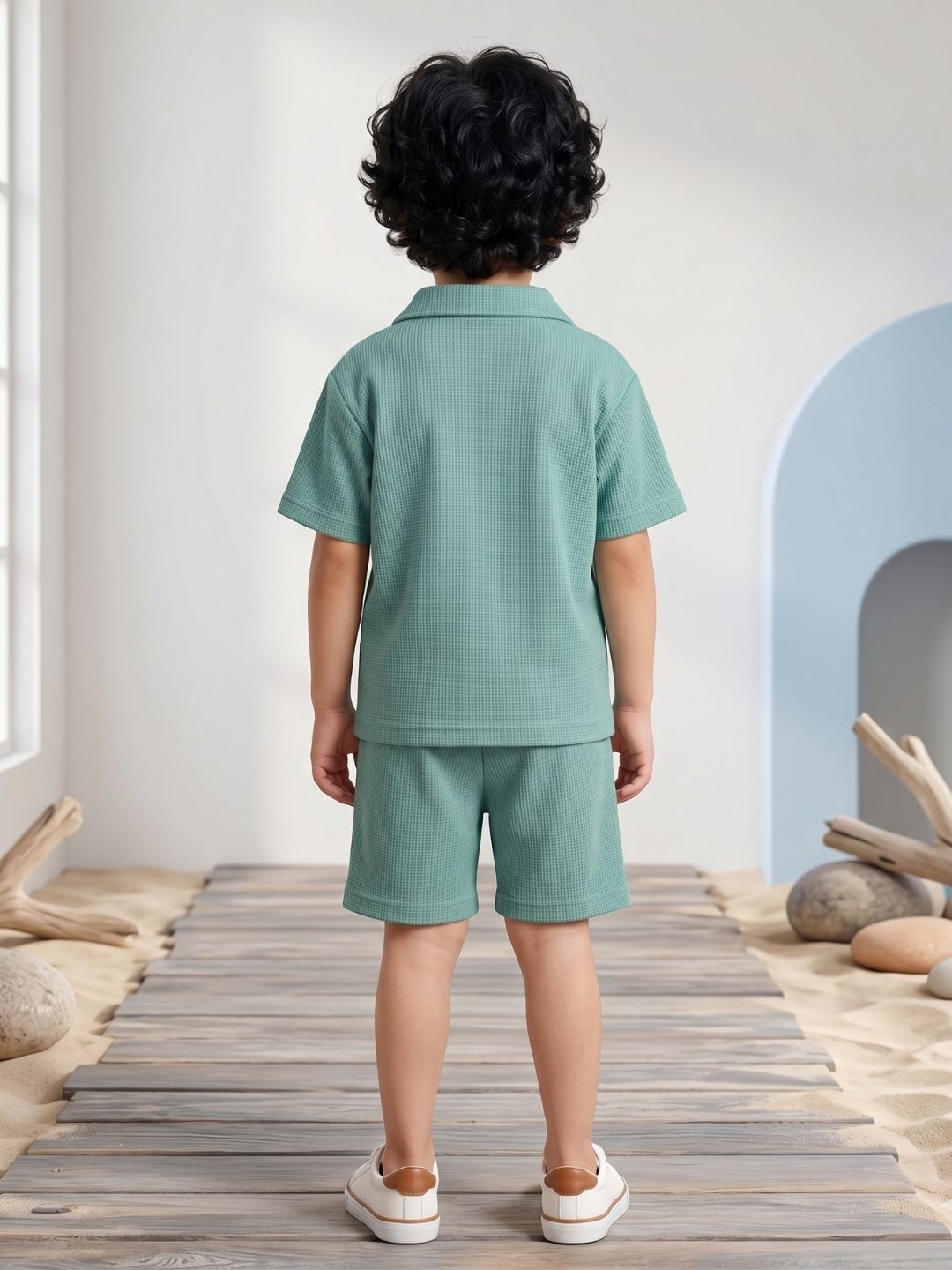 Teal Solid Cotton Oversized Co-Ords For Boys