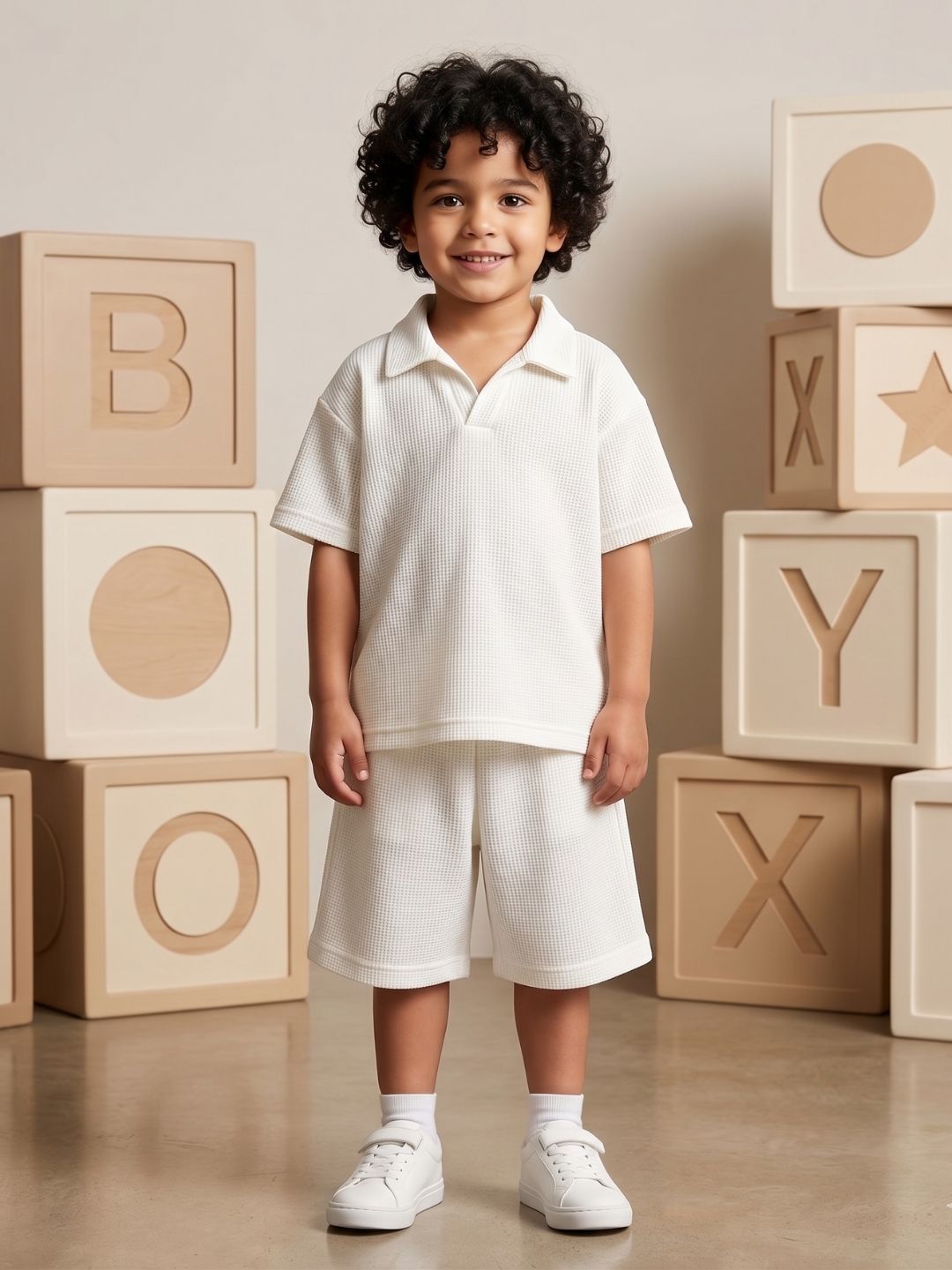 White Solid Cotton Oversized Co-Ords For Boys