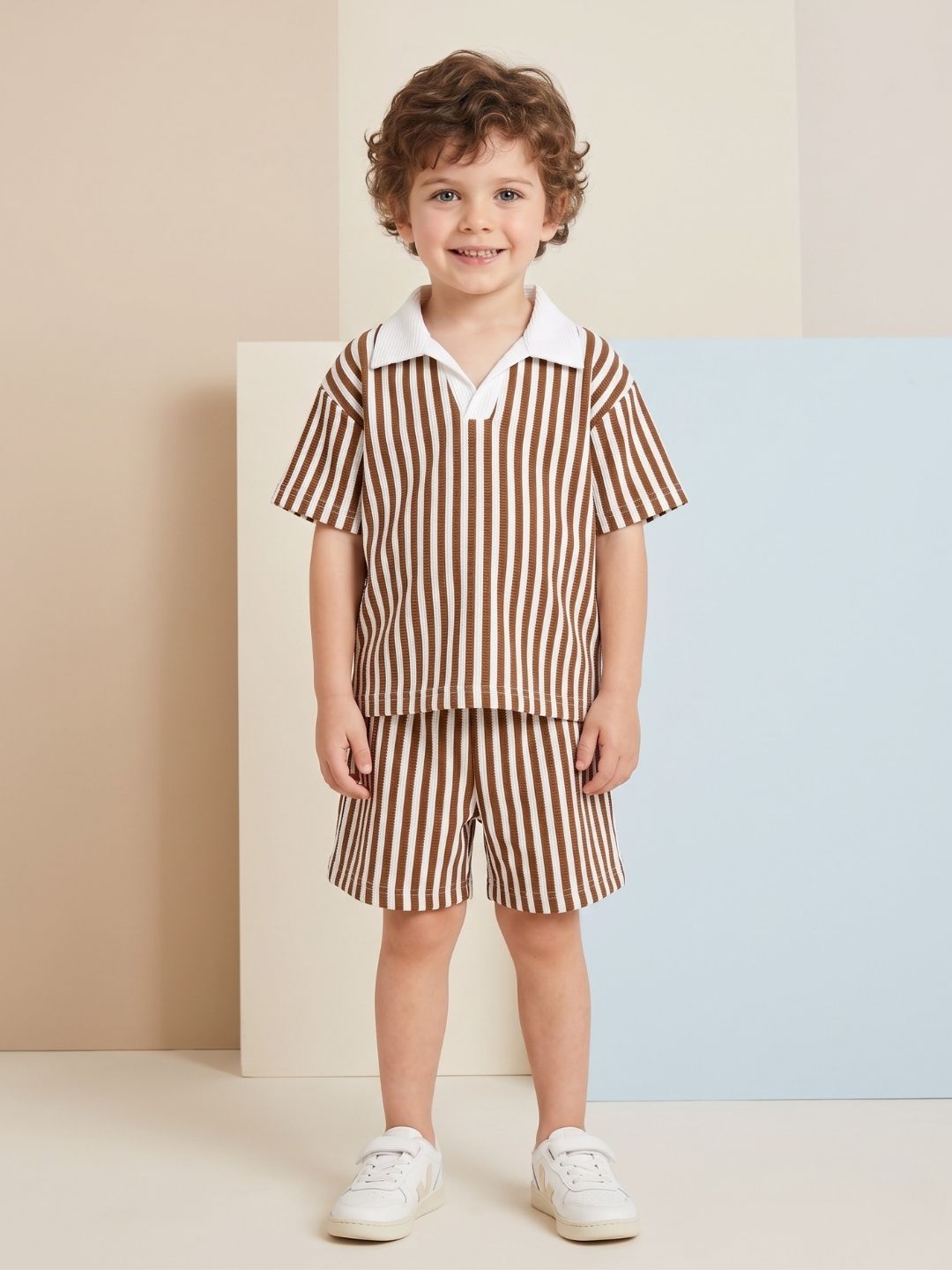 Brown Stripes Cotton Oversized Co-Ords For Boys