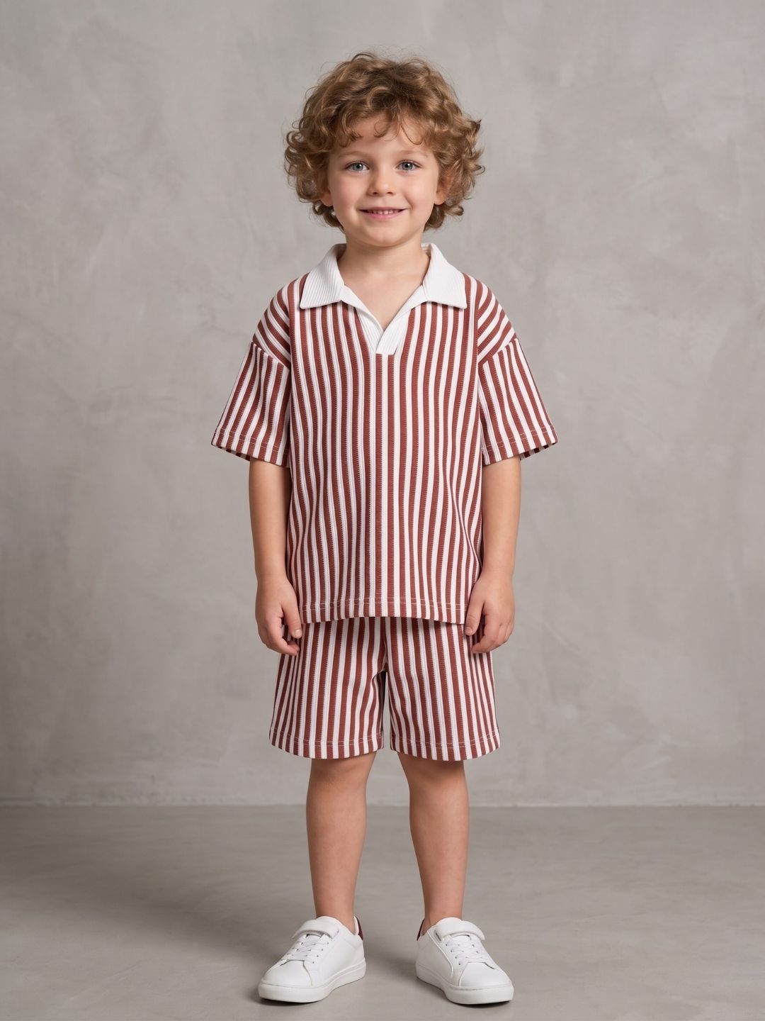 Maroon Stripes Cotton Oversized Co-Ords For Boys