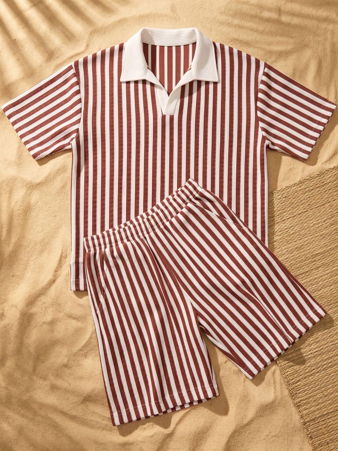 Maroon Stripes Cotton Oversized Co-Ords For Boys