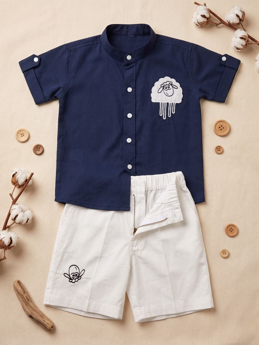 Blue Sheep Embroidery Pure Cotton Co-Ords For Boys