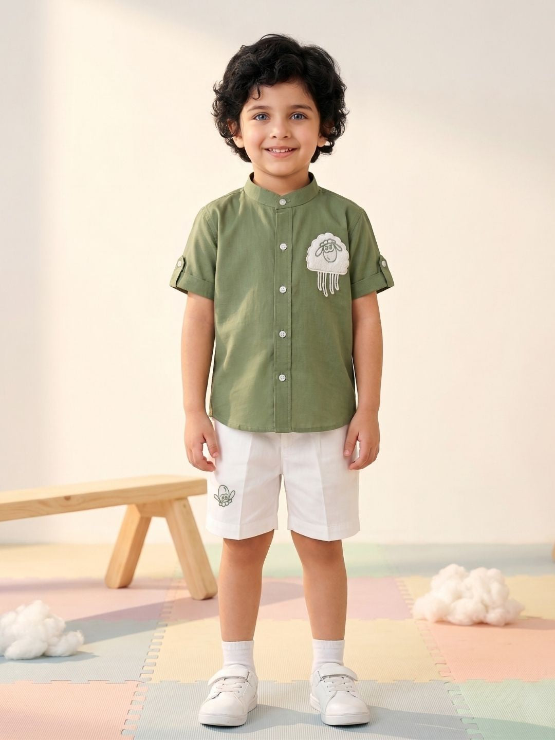 Green Sheep Embroidery Pure Cotton Co-Ords For Boys
