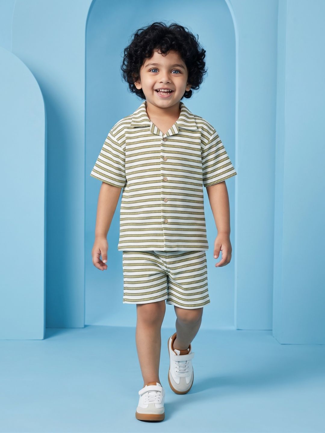 AJ Dezines Green Stripes Cotton Over-sized Co-Ords For Boys