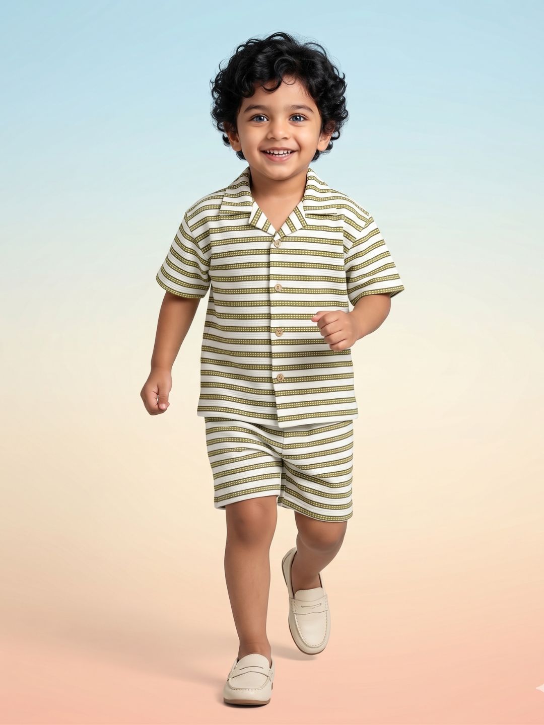 AJ Dezines Green Stripes Cotton Over-sized Co-Ords For Boys