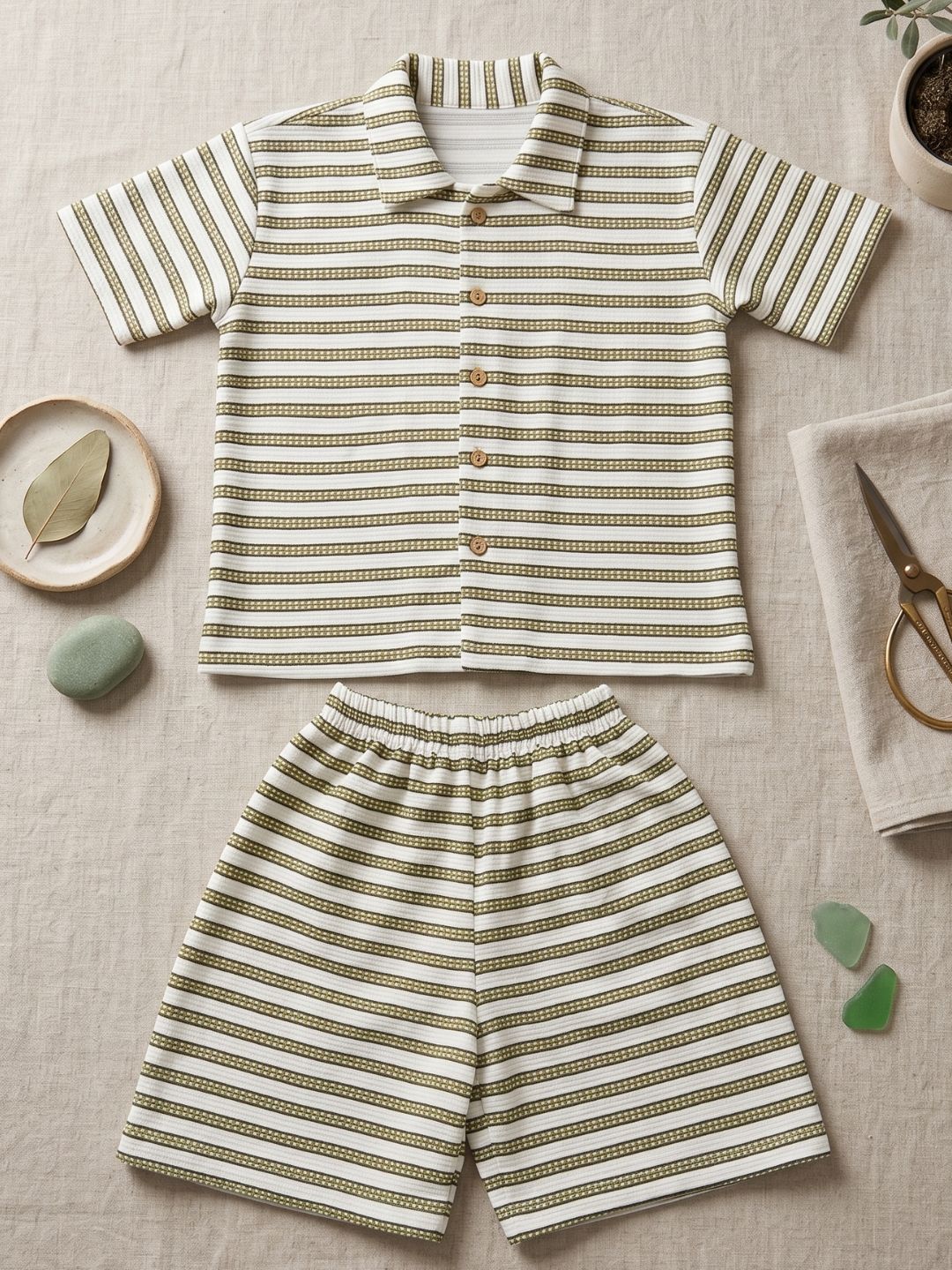 AJ Dezines Green Stripes Cotton Over-sized Co-Ords For Boys