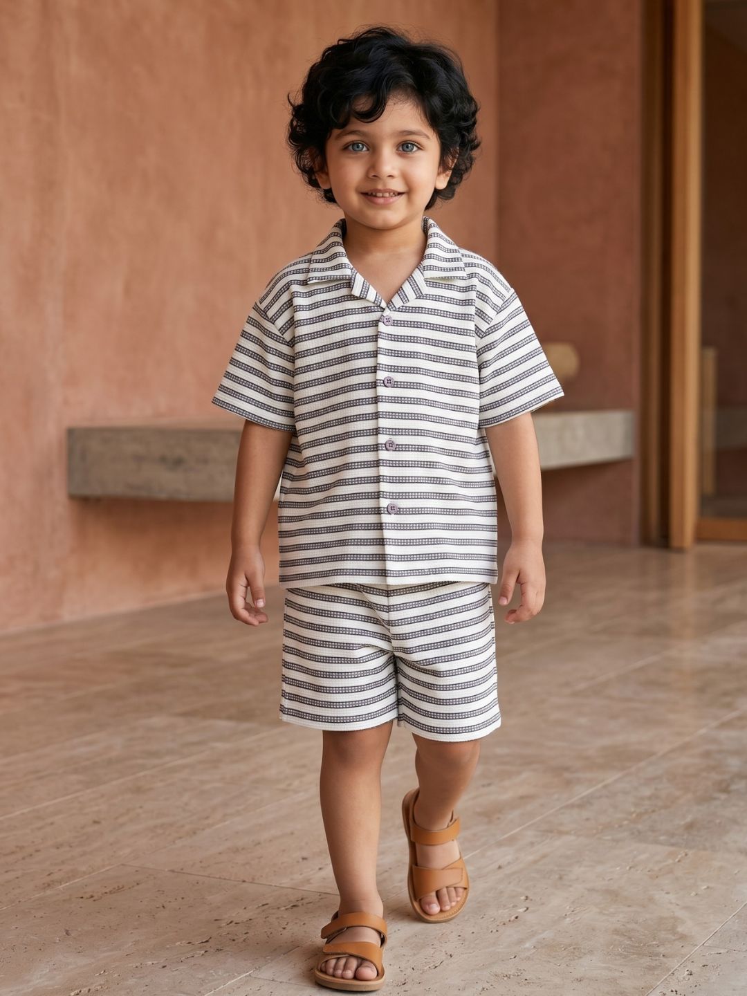 AJ Dezines Grey Striped Cotton Oversized Co-Ord Set for Boys | Half Sleeve Shirt & Shorts