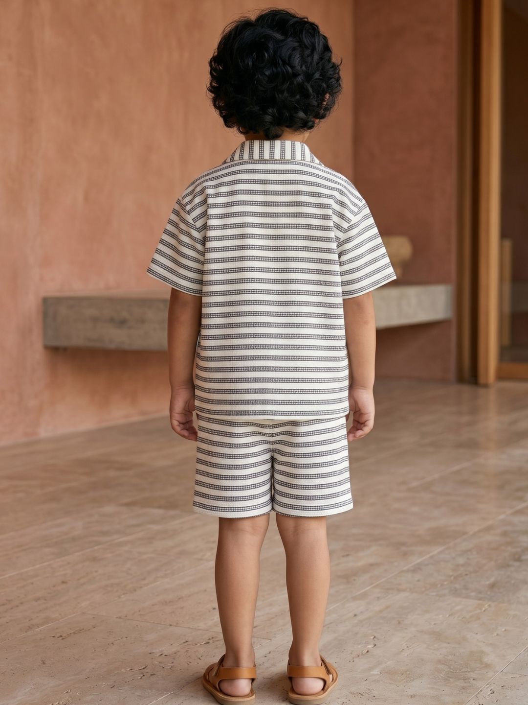 AJ Dezines Grey Striped Cotton Oversized Co-Ord Set for Boys | Half Sleeve Shirt & Shorts