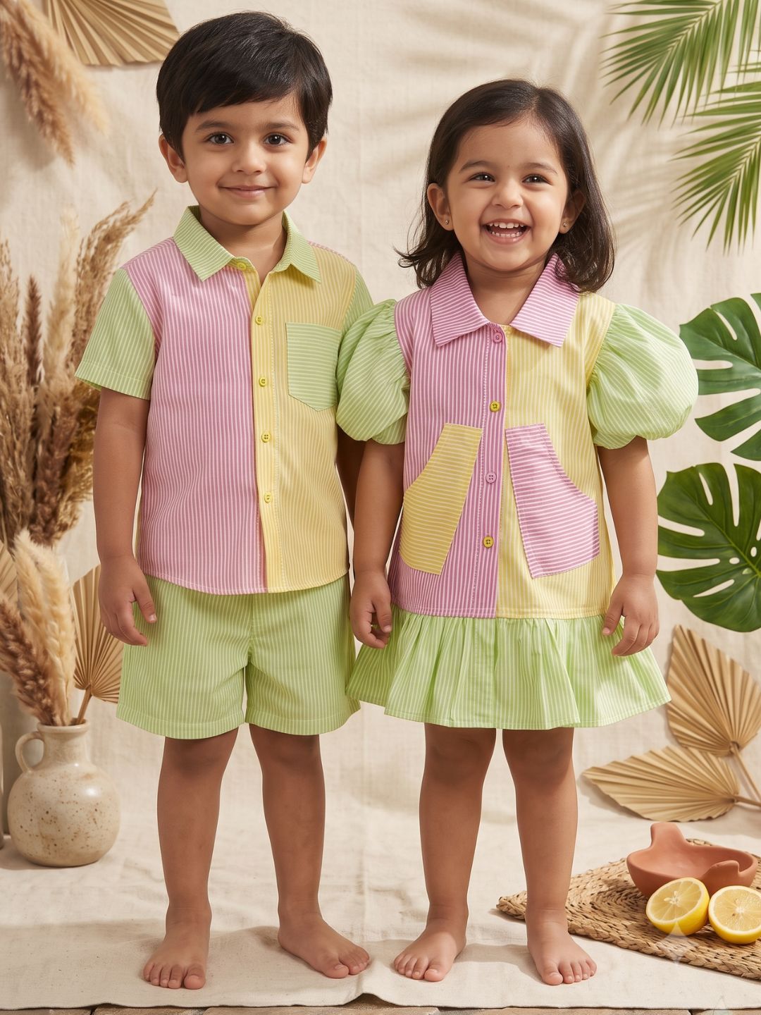 AJ Dezines Green Stripe Cotton Blend Casual Wear Sibling Set for Kids | Matching Brother & Sister Outfit