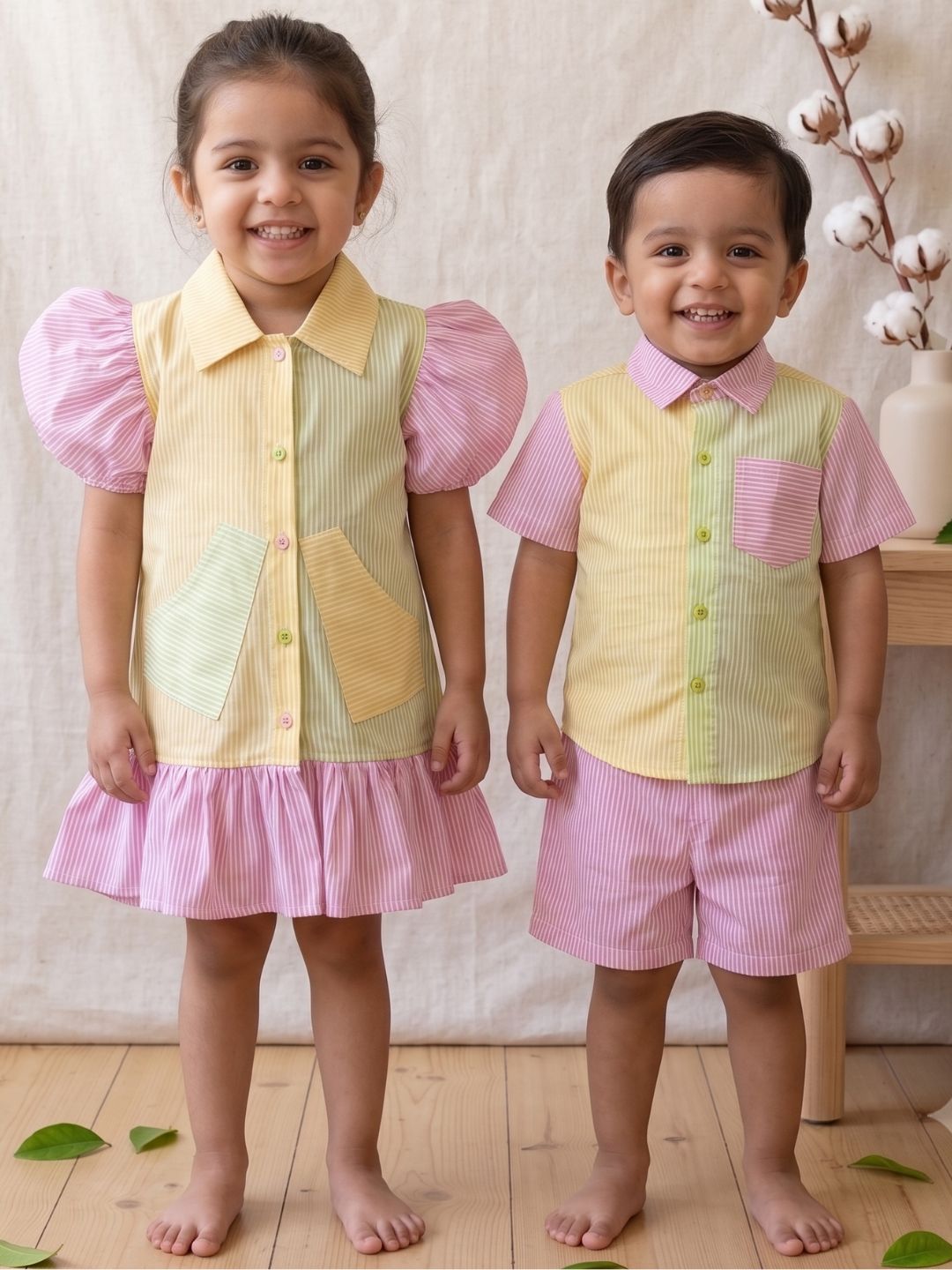 AJ Dezines Pink Stripe Cotton Blend Casual Wear Sibling Set for Kids | Matching Brother & Sister Outfit