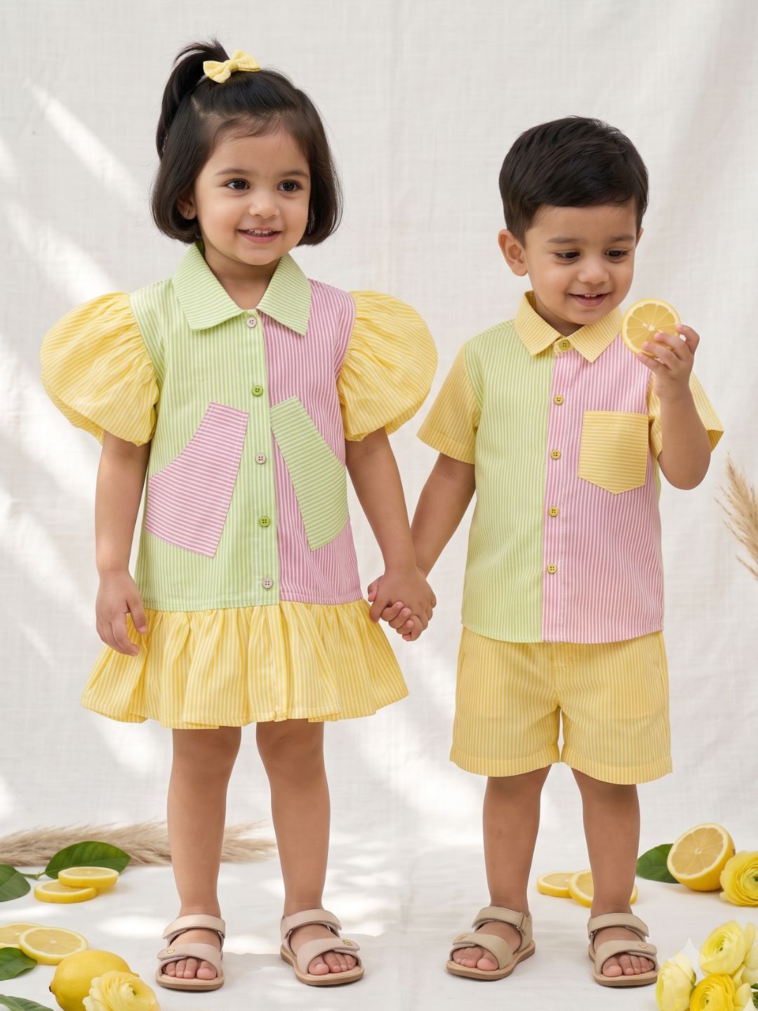 AJ Dezines Yellow Stripe Cotton Blend Casual Wear Sibling Set for Kids | Matching Brother & Sister Outfit