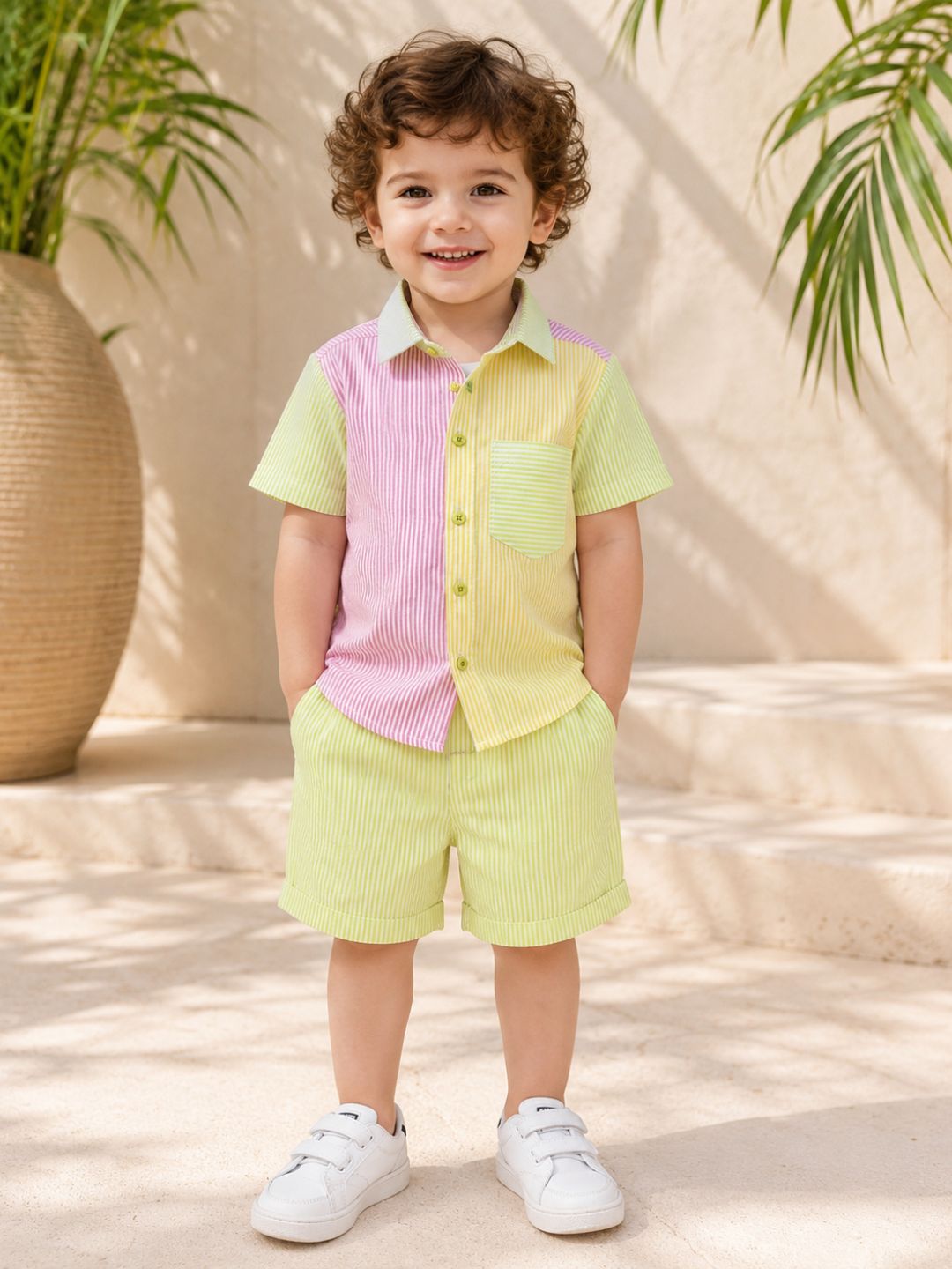 AJ Dezines Mult Color Stripes and Color Block Cotton Co-Ords For Boys